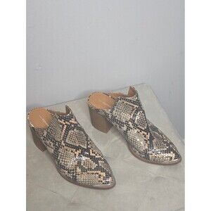 Report Collection Snake-Print Tan and Black Block Heel Mules, Sz 7.5